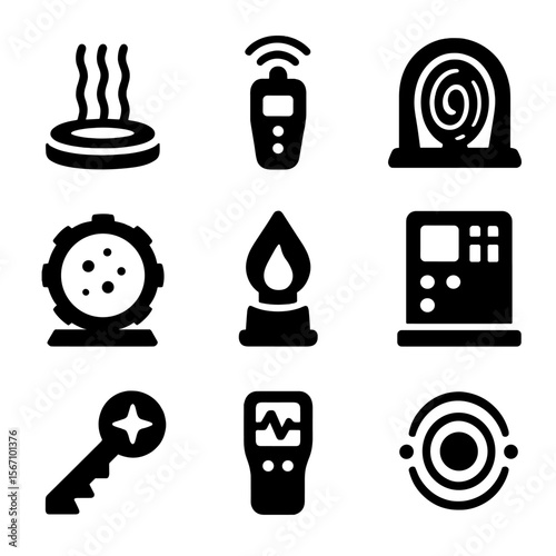 Teleportation Device Icons. Solid, filled icon set of teleportation devices: teleport pad, handheld teleporter, wormhole gate, sci