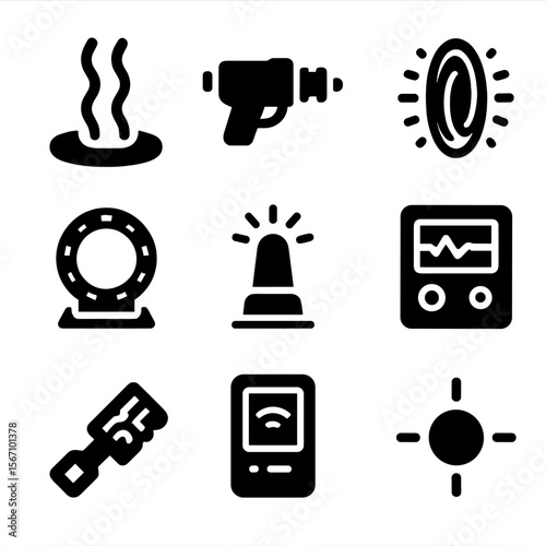 Teleportation Device Icons. Solid, filled icon set of teleportation devices: teleport pad, handheld teleporter, wormhole gate, sci