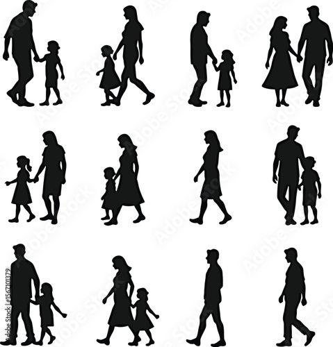 Diverse family silhouettes walking together happy moments