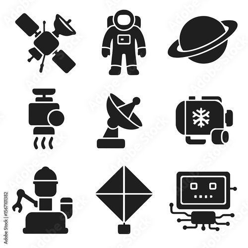 Outer Space Exploration Icons. Solid, filled icons set of human exploration of the outer solar system with
