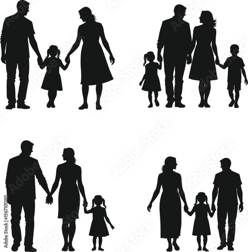 Happy families silhouettes parents children grandparents walking