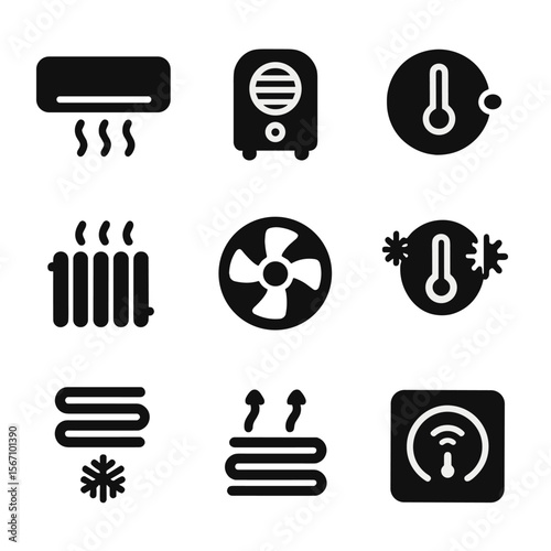 Temperature Control Icons. Solid, filled icon set of temperature control: air conditioner, heater, thermostat, radiator, fan,