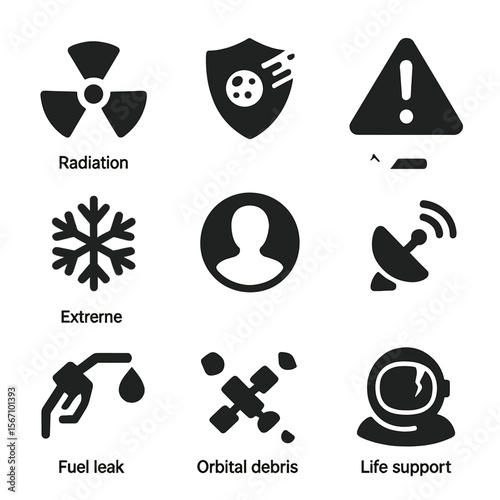 Outer Space Hazards Icons. Solid, filled icons set of hazards in outer solar system travel: cosmic radiation