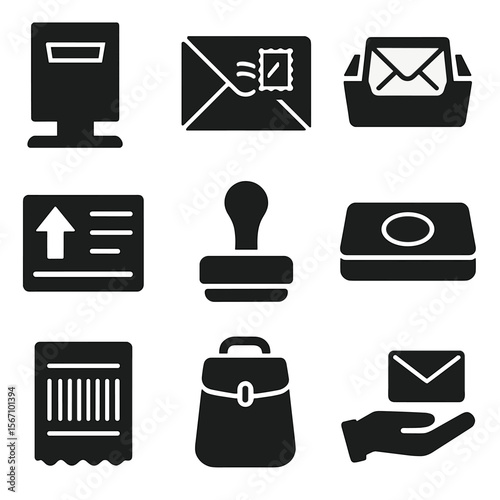 Outgoing Mail Icons. Solid, filled icons set of outgoing mail processes: mail chute, ink-stamped envelope,