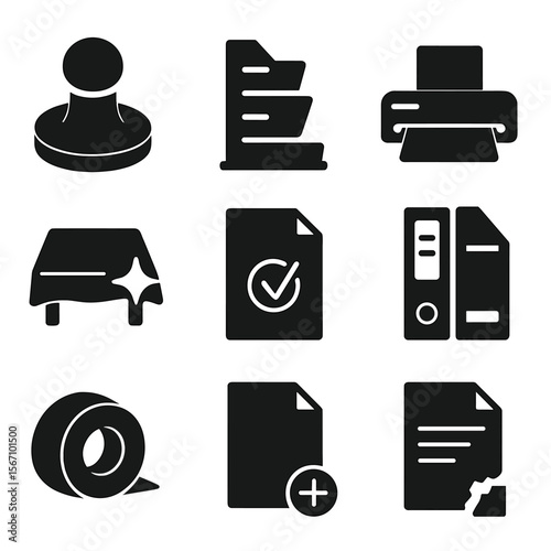 Paper Handling Icons. Solid, filled icons set of paper handling and maintenance: paperweight, document sorter,