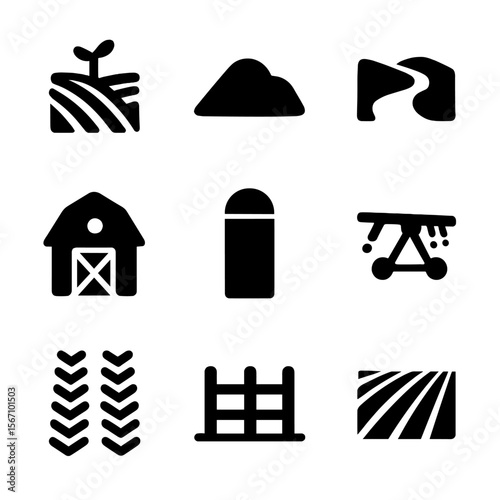 Terrain Icon Set. Solid, filled icon set of terrain and environment: farmland, hill, dirt road, barn, silo, irrigation system,