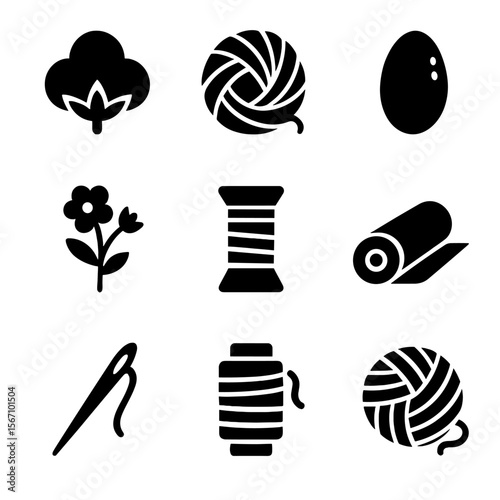 Textile Raw Materials Icons. Solid, filled icon set of textile raw materials: cotton boll, wool ball, silk cocoon, flax plant,