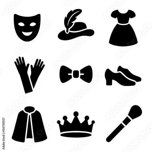 Theatrical Costume Icons. Solid, filled icon set of theatrical costumes: mask, feathered hat, gown, gloves, bow tie, shoes, cape,