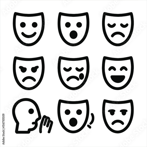 Theatrical Expression Icons. Solid, filled icon set of theatrical expressions: happy face, surprised face, sad face, angry face,