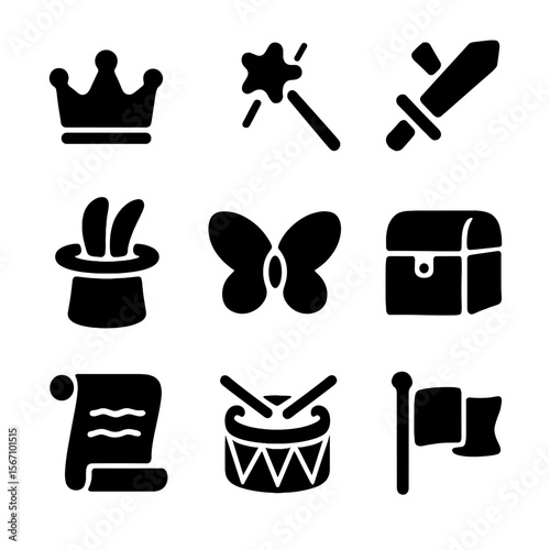 Theatrical Props Icons. Solid, filled icon set of theatrical props for kids: crown, wand, sword, magic hat, fairy wings, treasure