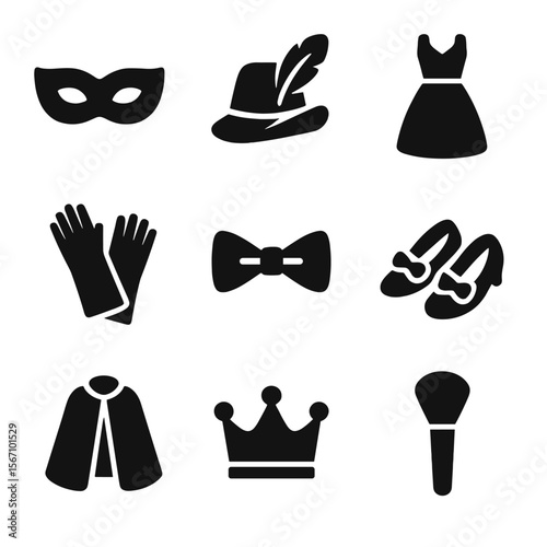 Theatrical Costume Icons. Solid, filled icon set of theatrical costumes: mask, feathered hat, gown, gloves, bow tie, shoes, cape,