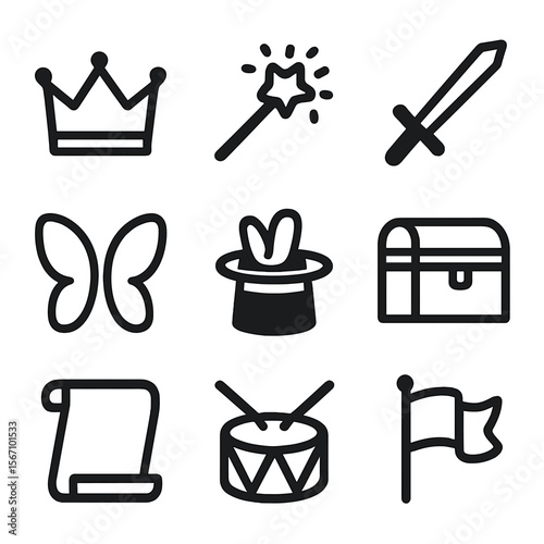 Theatrical Props Icons. Solid, filled icon set of theatrical props for kids: crown, wand, sword, magic hat, fairy wings, treasure