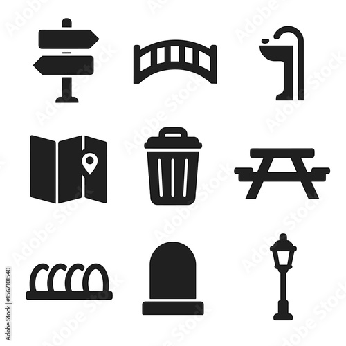 Park Features Icons. Solid, filled icons set of park features for jogging: trail sign, wooden bridge, water