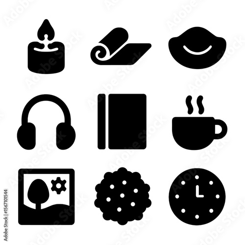 Therapeutic Tool Icon Set. Solid, filled icon set of therapeutic tools: calming candle, yoga mat, breathing mask, headphones,