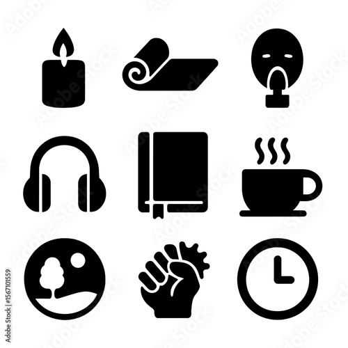 Therapeutic Tool Icon Set. Solid, filled icon set of therapeutic tools: calming candle, yoga mat, breathing mask, headphones,