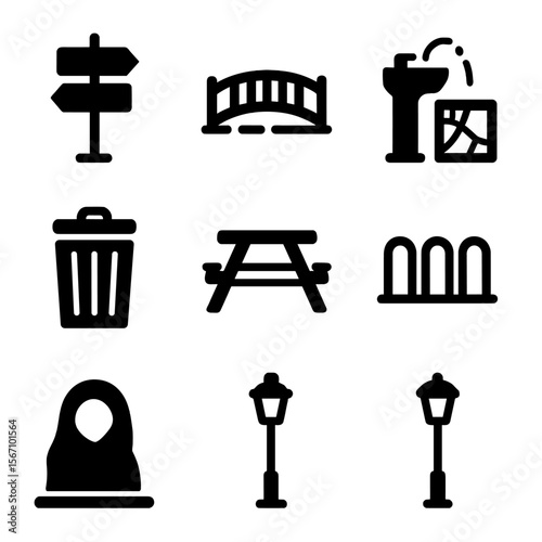 Park Features Icons. Solid, filled icons set of park features for jogging: trail sign, wooden bridge, water