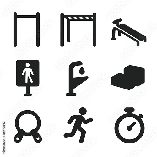 Park Fitness Icons Grid. Solid, filled icons set of park fitness stations: pull-up bar, monkey bars, sit-up