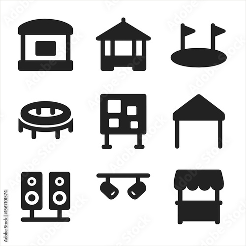 Park Gathering Icons. Solid, filled icons set of community gathering areas in parks: open-air stage, gazebo,