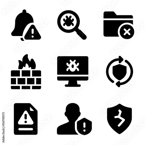 Threat Detection Icons. Solid, filled icon set of threat detection and response: alert bell, virus scan, quarantine folder,