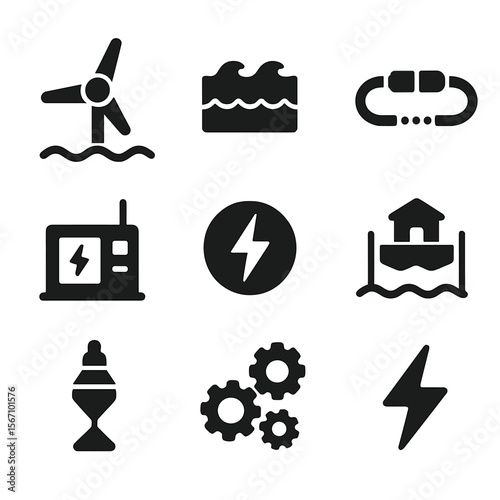 Tidal Energy Icons. Solid, filled icon set of tidal energy and technology: tidal turbine, wave generator, underwater cable,