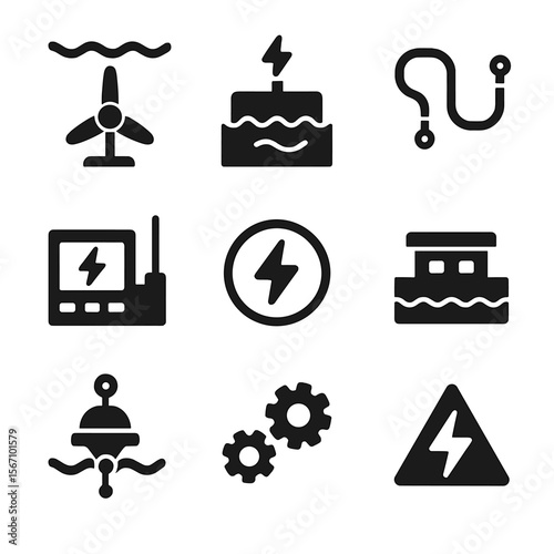 Tidal Energy Icons. Solid, filled icon set of tidal energy and technology: tidal turbine, wave generator, underwater cable,