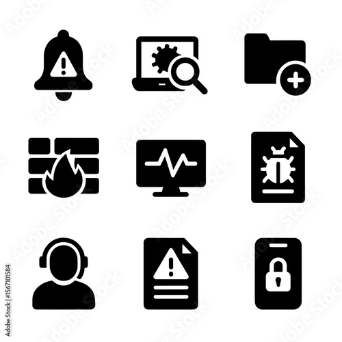 Threat Detection Icons. Solid, filled icon set of threat detection and response: alert bell, virus scan, quarantine folder,