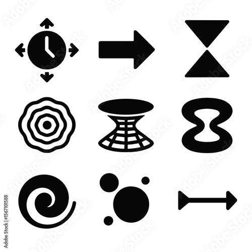 Time and Space Icons. Solid, filled icon set of time and space: expanding clock, time arrow, light cone, space ripple, relativity
