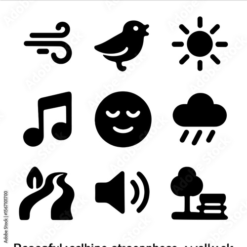 Peaceful Icon Grid. Solid, filled icons set of peaceful walking atmosphere: gentle breeze, chirping bird, sun