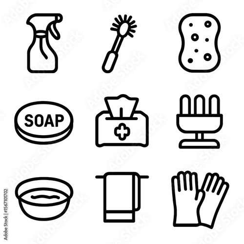 Toothbrush Holder Icons. Solid, filled icon set of cleaning and maintenance of toothbrush holders: spray bottle, cleaning brush,