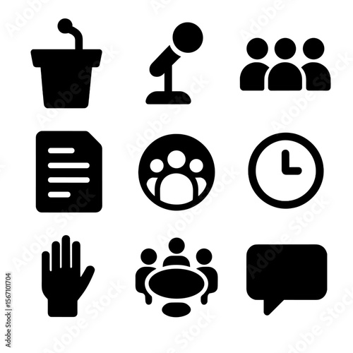 Town Hall Icon Set. Solid, filled icon set of town hall meeting: podium, microphone, seated audience, agenda paper, community logo