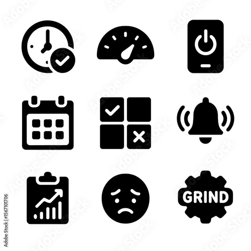 Toxic Productivity Icons. Solid, filled icon set of toxic productivity tools: time tracker, performance meter, focus app, rigid