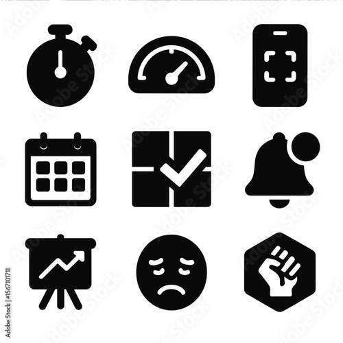 Toxic Productivity Icons. Solid, filled icon set of toxic productivity tools: time tracker, performance meter, focus app, rigid