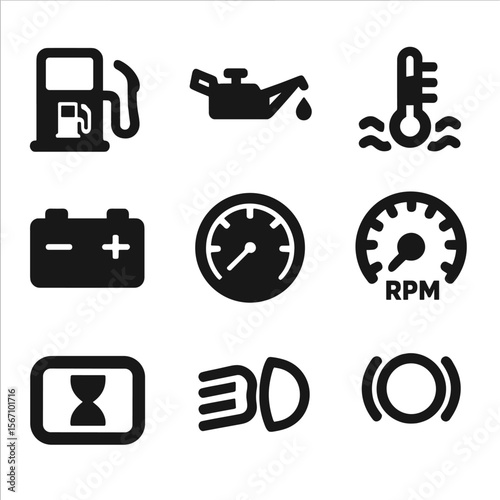 Tractor Dashboard Icons. Solid, filled icon set of tractor indicators: fuel level, oil pressure, engine temperature, battery