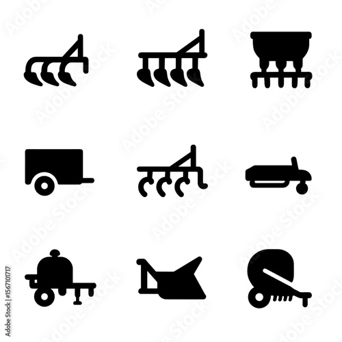 Tractor Equipment Icons. Solid, filled icon set of tractor equipment: plow, harrow, seed drill, trailer, cultivator, mower,