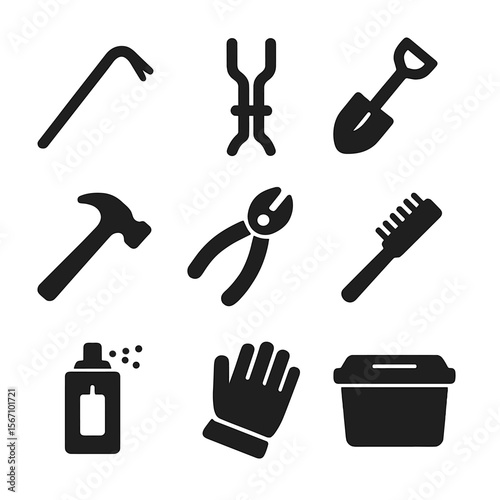 Tool Icon Set. Solid, filled icon set of stake removal and maintenance tools: crowbar, stake puller, shovel, hammer, wire cutter,