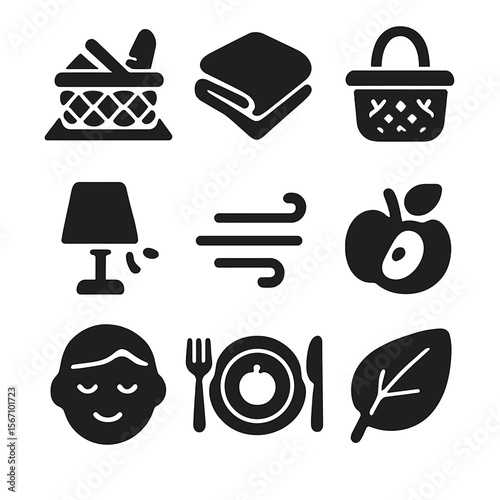Peaceful Picnic Icons. Solid, filled icons set of peaceful picnic and slow moments: picnic icon, cozy blanket,