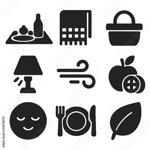 Peaceful Picnic Icons. Solid, filled icons set of peaceful picnic and slow moments: picnic icon, cozy blanket,