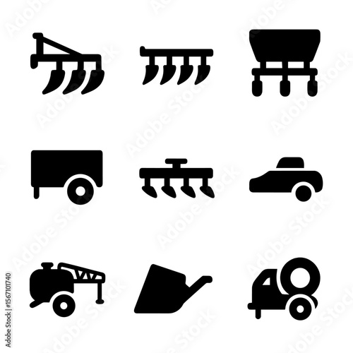 Tractor Equipment Icons. Solid, filled icon set of tractor equipment: plow, harrow, seed drill, trailer, cultivator, mower,