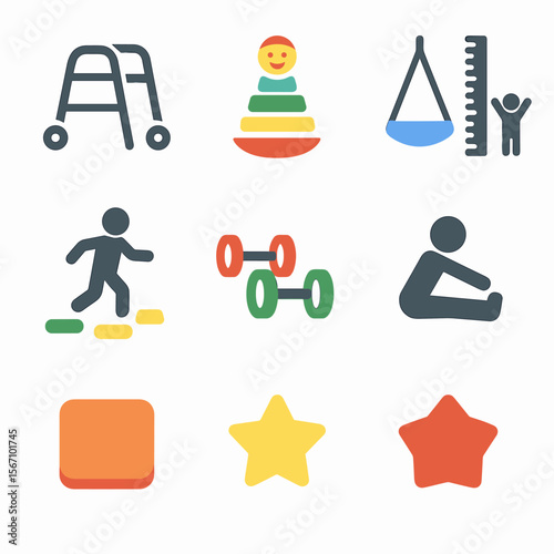 Pediatric Rehab Icons. Solid, filled icons set of pediatric rehabilitation: child walker, balance toy, therapy