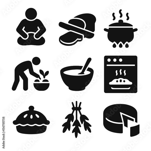Traditional Cooking Icons. Solid, filled icon set of traditional food prep: kneading dough, slicing bread, boiling pot, picking
