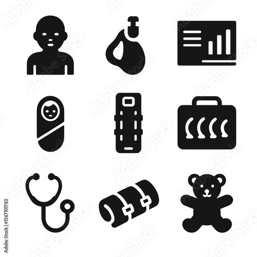 Pediatric EMS Icons. Solid, filled icons set of pediatric EMS care: child mannequin, pediatric mask, dosage