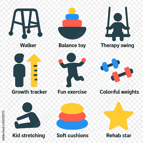 Pediatric Rehab Icons. Solid, filled icons set of pediatric rehabilitation: child walker, balance toy, therapy