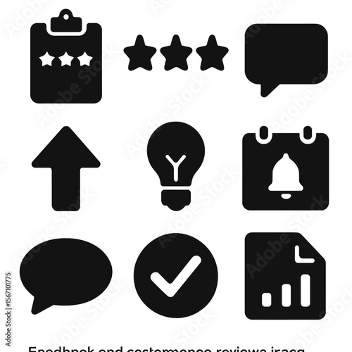 Performance Review Icons. Solid, filled icons set of feedback and performance reviews: clipboard, rating stars
