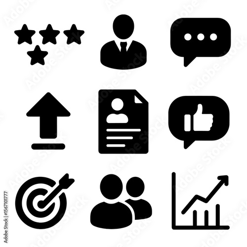 Performance Review Icons. Solid, filled icons set of performance reviews and feedback: rating stars, manager