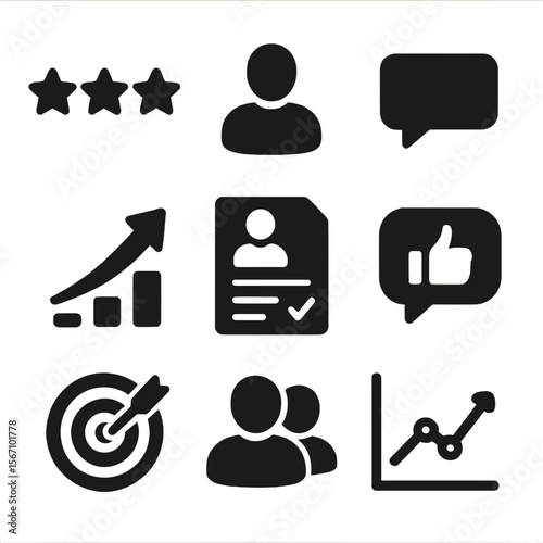 Performance Review Icons. Solid, filled icons set of performance reviews and feedback: rating stars, manager