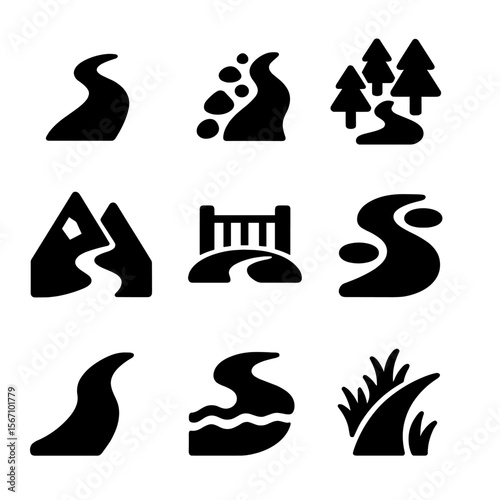 Trail Type Icons. Solid, filled icon set of trail types and terrains: dirt path, rocky trail, forest trail, mountain pass, wooden