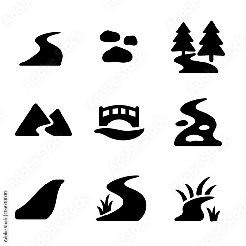 Trail Type Icons. Solid, filled icon set of trail types and terrains: dirt path, rocky trail, forest trail, mountain pass, wooden