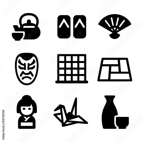 Traditional Japanese Icons. Solid, filled icon set of traditional Japanese culture: tea ceremony set, geta sandals, folding fan,