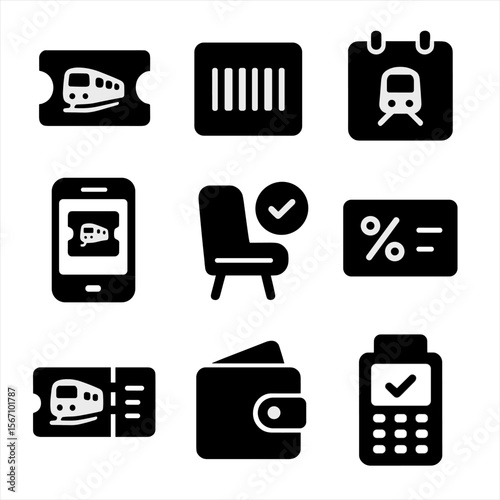 Train Tickets Icons. Solid, filled icon set of train ticketing and booking: ticket, barcode, calendar, mobile app, seat