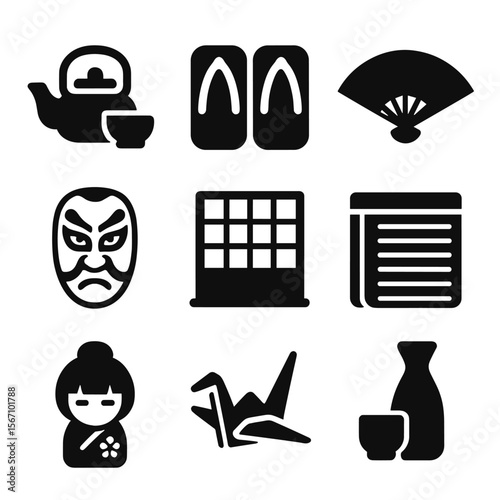 Traditional Japanese Icons. Solid, filled icon set of traditional Japanese culture: tea ceremony set, geta sandals, folding fan,